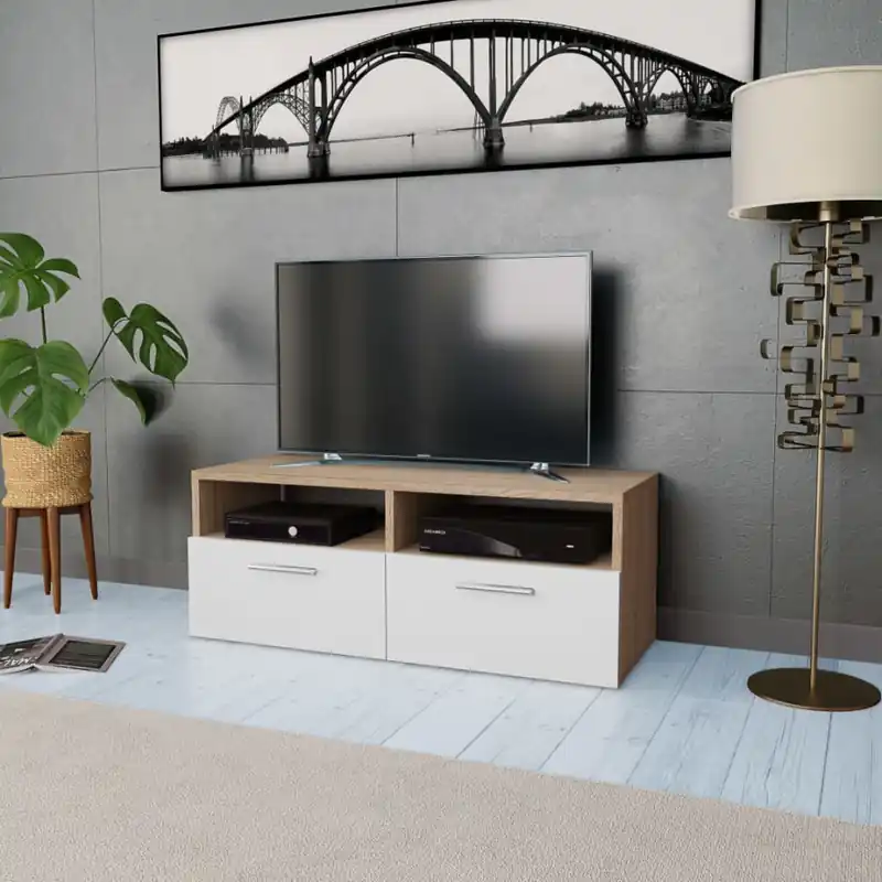 Cena promocyjna Szafka pod TV, 95x35x36 cm, płyta wiórowa, kolor dębowy i biały