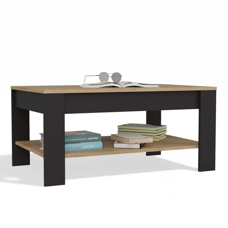 Stolik Kawowy OHIO DĄB ARTISAN CZARNY Ława Półki Do Salonu 93x58x43,5 Cm Promocja