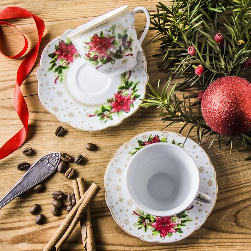 Tylko dziś Filiżanki do espresso porcelanowe ze spodkami GWIAZDA BETLEJEMSKA BIAŁE 80 ml 2 szt.
