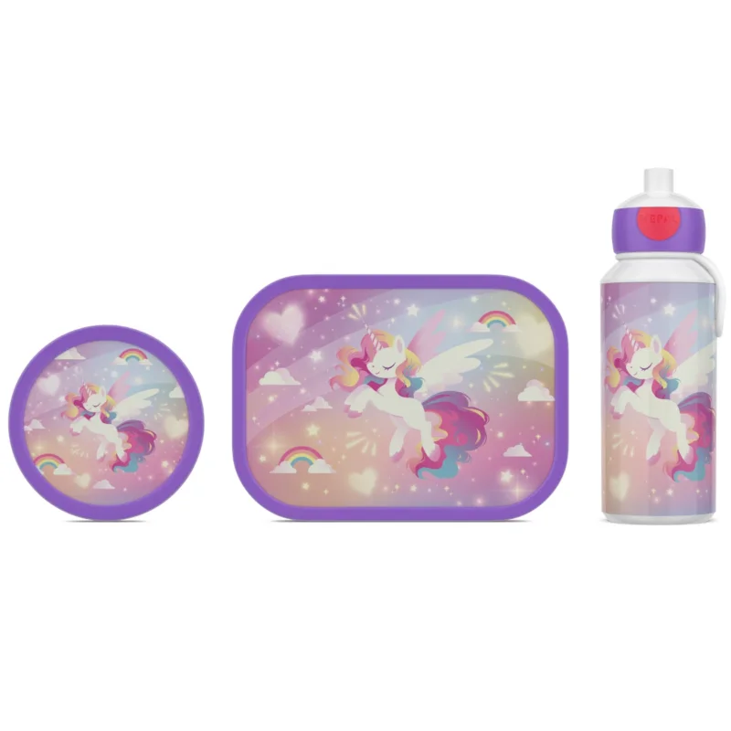 Nowy MEPAL CAMPUS - zestaw śniadaniowy lunchbox 750 ml i bidon pop-up 400 ml, świecący w ciemności jednorożec