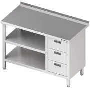 Stalgast Stół przyścienny z blokiem trzech szuflad (P) i dwoma półkami 1300x600x850 mm Oferta
