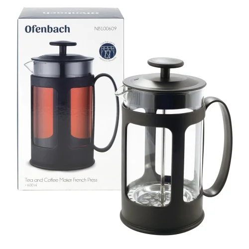 Bezpieczna płatność Zaparzacz szklany do herbaty ziół kawy 600ml dzbanek french press OFENBACH OB-100609