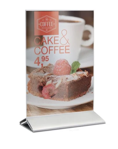 Dwustronny, akrylowy stojak menu A5 (podstawa ze stali nierdzewnej) (PFT-ACM-A5) Oferta limitowana